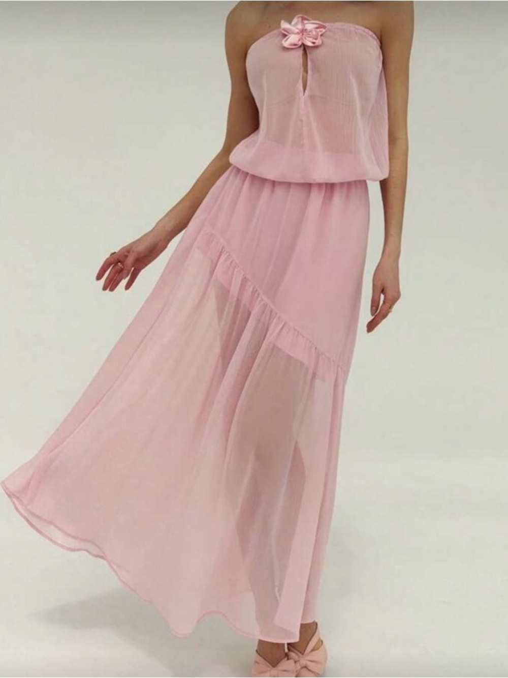 Strapless Pink Chiffon Maxi Dress with Floral Accent